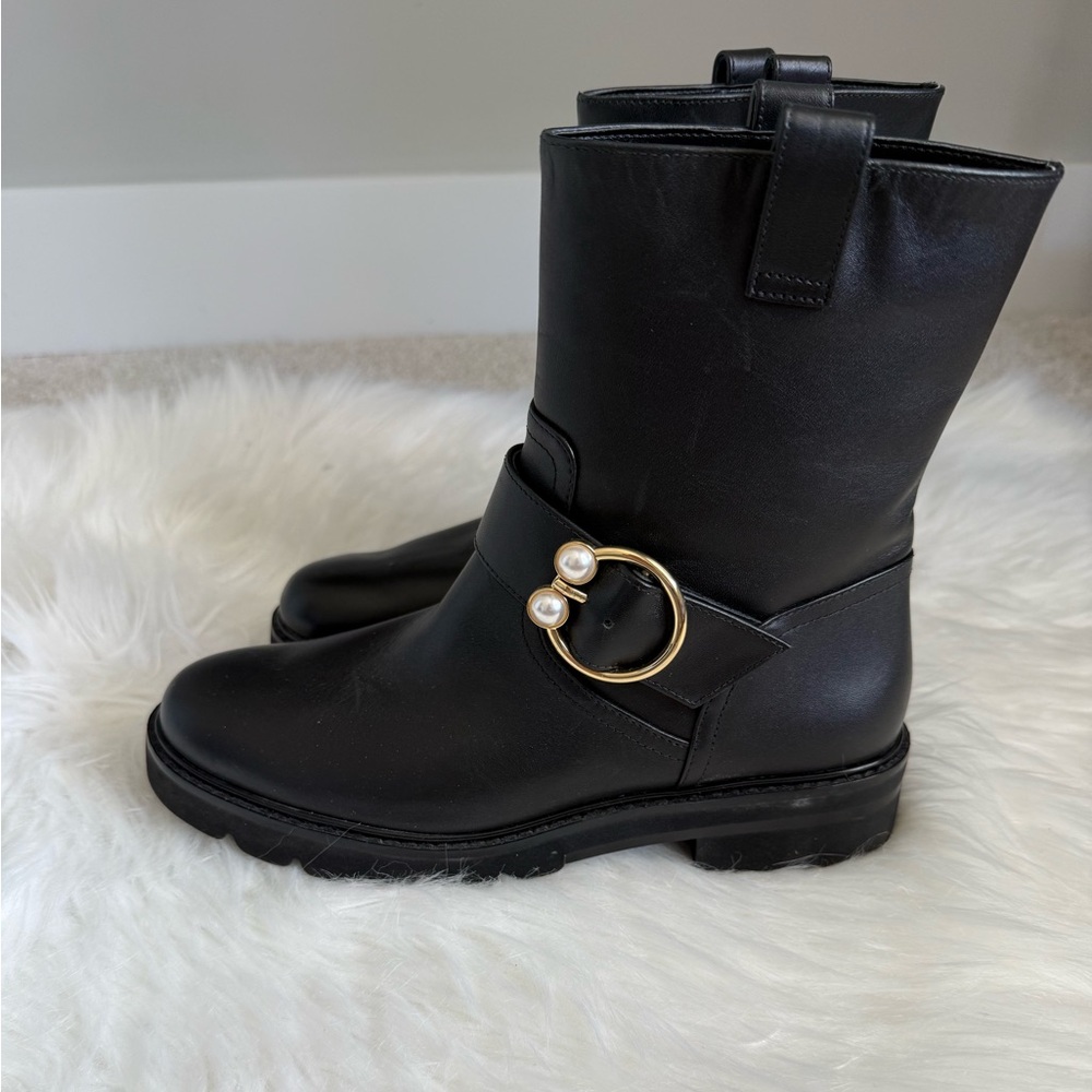 Stuart Weitzman Black Ankle Boots with Gold Ring Detail